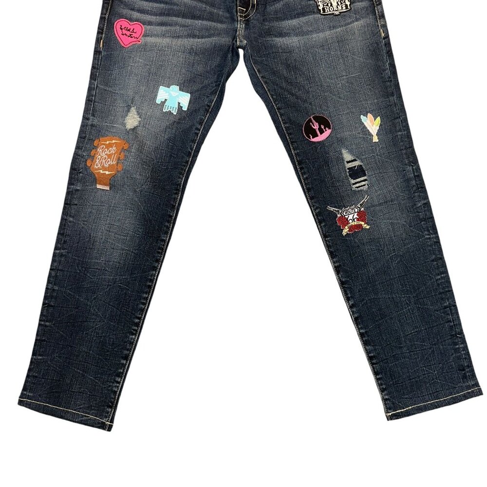 Rock & Roll Cowgirl Boyfriend Skinny Jeans Womens 29 28 Arizona Patches Bull - Picture 3 of 7